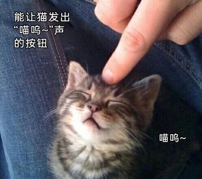 这是一张充满治愈感的趣味萌宠表情包，画面主体是一只虎斑小奶猫，它仰躺在人的牛仔裤腿上，闭着眼睛，一脸惬意享受地仰着头，一只人类的手指正按在它的额头上。图片左上角配文“能让猫发出‘喵呜~’声的按钮”，右下角配文“喵呜~”，将抚摸猫咪额头的动作拟人成按下触发“喵呜”声的按钮，用可爱的创意表现出猫咪被抚摸时的放松与满足，整体氛围温馨治愈，适合用来表达享受、放松的情绪，或是分享和宠物互动的温馨瞬间。