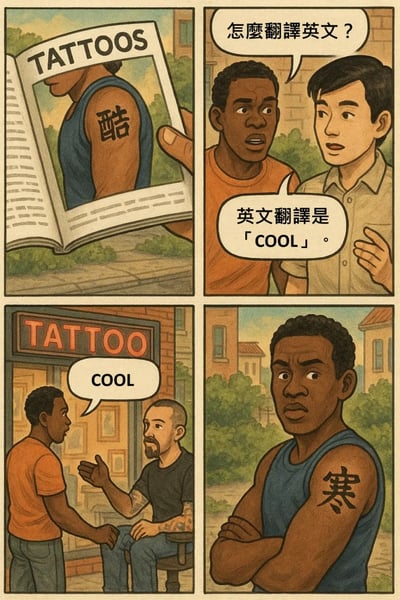 四格连环漫画描绘了一起因翻译误解引发的纹身乌龙：首格中，一本标题为“TATTOOS”的杂志展示了背部有“酷”字纹身的人物；次格中，黑人男子向亚裔男子询问“怎么翻译英文？”，对方答“英文翻译是「COOL」”；第三格男子在“TATTOO”店门口对纹身师说“COOL”；末格男子展示新纹身，却发现是“寒”字（意为寒冷），表情错愕。漫画通过“酷”（cool）与“寒”（cold）的翻译混淆制造幽默效果。