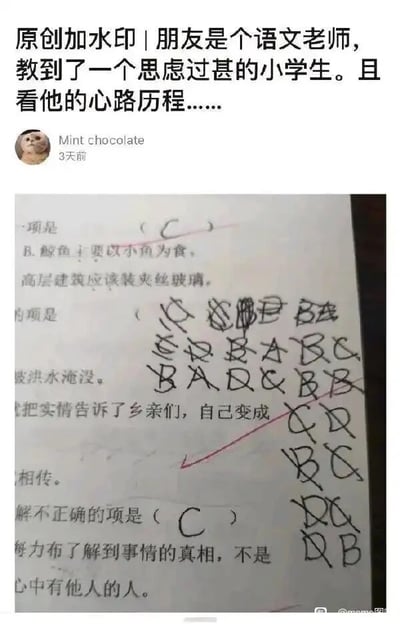 这是一张社交媒体截图，顶部带有发布者的配文“原创加水印 | 朋友是个语文老师，教到了一个思虑过甚的小学生。且看他的心路历程……”，发布者是头像为猫咪的用户“Mint chocolate”，发布时间标注为3天前。下方展示的是一名小学生的语文试卷页面，试卷上包含几道选择题，其中一道题的选项区域被该小学生反复涂改，写满了被划掉的A、B、C、D选项，能清晰看出这个小学生在做选择题时极度纠结，反复更改答案，最终确定了选项C，生动体现出他“思虑过甚”的状态。试卷上还能看到部分题目内容，如“鲸鱼主要以小鱼为食”“高层建筑应该装夹丝玻璃”以及关于海力布的相关题目，内容围绕语文知识考查展开。