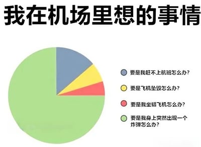 这是一张幽默梗图，标题为“我在机场里想的事情”，下方是一个饼图展示“内心焦虑分布”。饼图中最大的绿色区域占比超70%，对应“要是我身上突然出现一个炸弹怎么办？”；蓝色区域（约20%）为“要是我赶不上航班怎么办？”；黄色（约7%）为“要是飞机坠毁怎么办？”；红色（约3%）为“要是我坐错飞机怎么办？”。通过夸张的比例对比，调侃人们在机场时的过度焦虑和荒诞内心戏，其中“身上出现炸弹”的担忧显然不合常理却占比最大，形成强烈的喜剧效果。