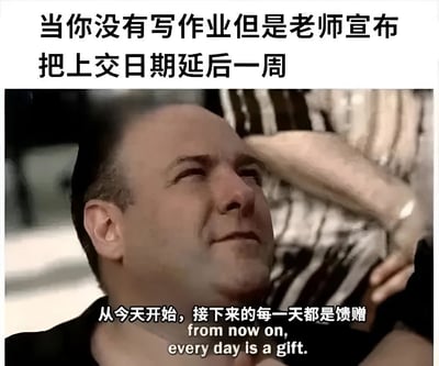 这是一张幽默梗图，上方文字描述了学生没写作业但老师宣布延期一周的情境，下方是一位仰头望向天空的男子，表情释然，底部配有文字"从今天开始，接下来的每一天都是馈赠"及其英文翻译。图片通过人物表情和文字结合，幽默地表达了学生获得作业延期后的如释重负和喜悦心情。