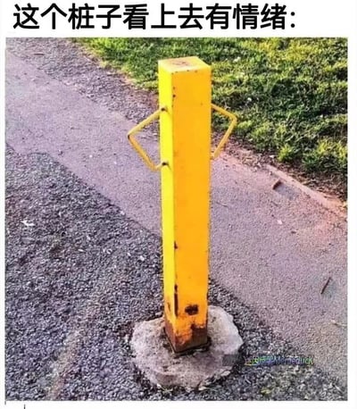这张梗图拍摄自户外，画面中有一根黄色的方形柱子，两侧突出的把手让整根柱子看起来像是双手叉腰，呈现出拟人化的气场，被形容为“看上去有情绪”。顶部大字是“这个柱子看上去有情绪：”，配合图像本身趣味十足，带有强烈的视觉拟人感。整个画面透露着一种无奈、略带生气的幽默效果，适合用来形容面对事情无语却又想吐槽的情景。

特别说明：
- 此梗源于柱子形态与人类站立叉腰生闷气的形态撞脸，有双关指向（表面是柱子，实则有情绪/脾气的人）。
- 此类配文属于“拟物梗”，常在社交平台流传。