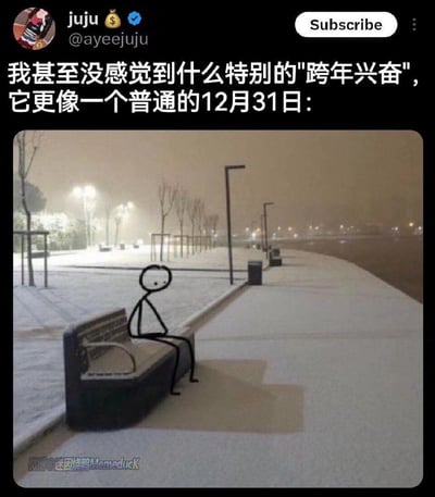 这张梗图通过文字与图像结合，表达了对跨年的平淡感受。上方文字写道："我甚至没感觉到什么特别的'跨年兴奋'，它更像一个普通的12月31日："，下方是一张雪景照片，照片中被添加了一个简笔画风格的火柴人，独自坐在被白雪覆盖的长椅上，背景是空旷的街道和路灯，整体氛围萧瑟冷清。这种图文搭配形成强烈反差，用孤独的视觉形象具象化了文字中表达的对跨年的无感情绪。