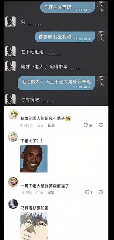 这张图由上下两部分拼接而成，上半部分是两人的即时聊天记录：一方询问对方是否在户外，表示要去找对方；对方回复称当下在下毛毛雨，用方言表述刚才雨势很大为“下老大了”，提醒对方记得带伞；问话的人故意曲解对方的表述，将“毛毛雨”“下老大了”断章取义调侃成“毛毛雨大人 天上下老大是什么奇观”，对方无奈回怼“你有病吧”。下半部分是网友针对这段聊天的评论区内容，有网友调侃这段中文歧义内容发给外国人能研究一辈子，还有网友结合“老大”是已故篮球运动员科比的常用称呼这一点玩梗，发“下老大了？！”配科比微笑表情包，另有网友戏称被“下老大”的表述笑到，还有网友玩梗称“只有洛杉矶知道”配动漫《银魂》中坂田银时的表情包，将方言表述的歧义和知名运动员相关的网络梗结合，笑点十足。
