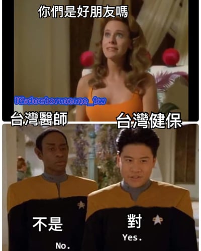 這是一個兩格的梗圖，上格是一位穿橙色洋裝的金髮女性抬頭問：「你們是好朋友嗎」，下格是兩位穿Star Trek制服的男性，左邊標示「台灣醫師」回答「不是」，右邊標示「台灣健保」回答「對」，用來幽默表達台灣醫師與健保之間的複雜關係。