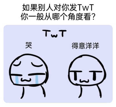 这是一张趣味脑洞梗图，顶部以提问“如果别人对你发TwT你一般从哪个角度看？”引出内容，中间展示字符“TwT”，下方通过左右两个卡通小人呈现对该字符的两种不同解读：左侧小人将TwT解读为哭泣的表情，T对应流下的眼泪，w对应抿起的嘴，小人双眼紧闭挂着泪水，表情悲伤；右侧小人将TwT解读为得意洋洋的表情，T对应挑眉的眼睛，w对应上扬的嘴，小人挑眉撇嘴，神态傲娇。图中通过视觉错位和脑洞解读，展现了网络表情字符的趣味性和多义性，适合在社交平台用于互动调侃。