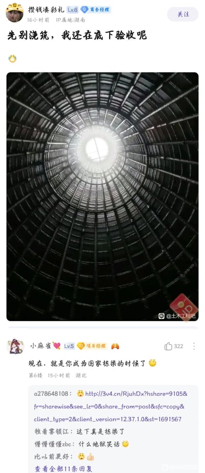 这是一张百度贴吧的帖子截图，楼主“攒钱凑彩礼”（等级Lv.6，身份为商务经理，IP属地湖南）发布了一张从下往上拍摄的圆形钢筋结构照片，配文“先别浇筑，我还在底下验收呢”，模拟出自己身处钢筋结构下方、即将被混凝土浇筑的惊险场景，带有自嘲意味。评论区中，用户“小麻雀”（等级Lv.5，身份为项目经理，IP属地湖北）的高赞评论“现在，就是你成为国家栋梁的时候了”玩了双关梗，“栋梁”既指建筑的承重结构，也暗指人被浇筑后成为建筑的一部分，属于土木工程行业的地狱笑话，引发其他用户跟风调侃“这下真是栋梁了”“什么地狱笑话”，充满行业职场的趣味自嘲氛围。