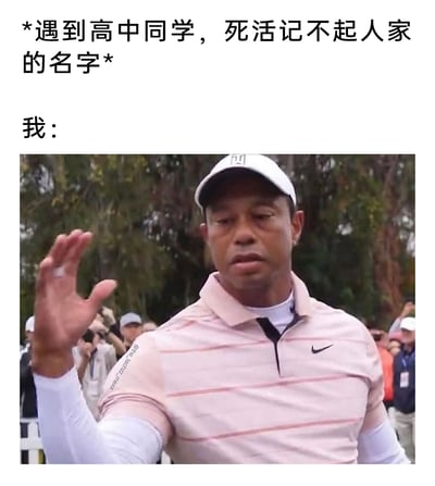 这是一张用来调侃日常社交尴尬场景的梗图，上方文字设定了场景：遇到高中同学却完全记不起对方的名字，下方搭配著名高尔夫运动员泰格·伍兹的抓拍照片，他抬起一只手，表情尴尬闪躲、眼神茫然无措，这个神态和动作精准还原了当事人在这种社交窘境里，想打招呼又怕暴露自己记不起对方名字的窘迫心态，用知名人物的画面放大了这种尴尬情绪，能让有类似经历的人强烈共情，生动地表现了日常社交中的小尴尬。