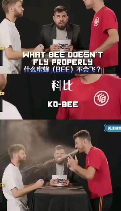 这是一组由三帧画面组成的竖屏连环图，源自国外的惩罚式问答整蛊节目。第一帧画面中，主持人手持印有“THE ROSE KING”的题卡，向两位参与者提出英文谐音梗问题“WHAT BEE DOESN'T FLY PROPERLY”，并配有中文字幕“什么蜜蜂（BEE）不会飞？”，画面左侧白衣男士握拳，似乎在等待答案；第二帧画面展示穿红色衣服的参与者给出答案“科比 KO-BEE”，利用篮球明星科比（Kobe）的发音与“BEE”结合，玩谐音冷笑话；第三帧画面是惩罚环节，红衣参与者因为这个冷笑话被喷水，他做出惊讶的反应，白衣男士和主持人也有对应的反应，整体场景充满搞笑氛围，右下角还有国内搬运时添加的“关注地”提示水印。