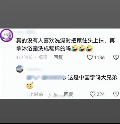 这是一张社交媒体评论截图，展示了两条搞笑互动。第一条评论内容非常离谱："真的没有人喜欢洗澡时把屎往头上抹，再拿沐浴露洗成稀稀的吗😂😂😂"，发布于1小时前的福建，获得了1186个点赞。第二条评论则是对第一条的幽默回应："这是中国字吗大兄弟😉"，发布于1小时前的广东，获得了324个点赞。两条评论的用户名都被模糊处理以保护隐私。