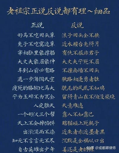 蓝色背景的图文混排图片，顶部金色大字标题为“老祖宗正说反说都有理～细品”，下方分“正说”与“反说”两列，列出多组看似矛盾却各有道理的中国传统谚语，如“好马不吃回头草”对应“浪子回头金不换”、“兔子不吃窝边草”对应“近水楼台先得月”等，共12组对比，展现传统文化中辩证思维的趣味性。