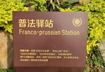 这是一块设置在绿植旁的社区普法驿站标识牌，主体为深棕色底色搭配金色文字。标识牌上方标注了“普法驿站”的中英文名称，其中英文翻译“Franco-prussian Station”存在明显错误，Franco-prussian实际指普法战争，与“普及法律”的中文含义完全不符，属于翻译失误。下方的功能介绍详细说明了该驿站设置了法治文化长廊、法治公益广告点、法治文化展览区、业主学法加油站、纠纷调处驿站这5个法治文化载体，旨在为小区群众学法、用法提供便利充足的资源。