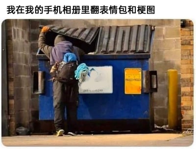 这是一张搞笑网络梗图，图片上方配有文字“我在我的手机相册里翻表情包和梗图”，图中主体是一位背着背包、穿着厚实衣物的人，正掀开蓝色大型垃圾桶的盖子，低头在垃圾桶内翻找物品。该梗图用现实中翻找垃圾桶的行为，夸张且形象地比喻人们在手机相册的海量内容里，费力寻找合适的表情包和梗图的日常状态，充满了诙谐幽默的氛围，精准戳中了网友使用表情包时的常见经历。