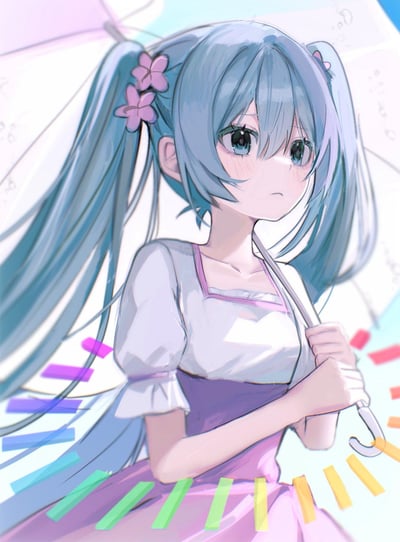 这是一幅虚拟歌手初音未来的同人插画，画面中的初音有着标志性的水蓝色双马尾，发间点缀着淡紫色小花，身穿白紫渐变的连衣裙，双手紧握着一把浅色雨伞。她的眼眸水润明亮，眼尾带着淡淡的红意，神情流露着低落与忧郁，仿佛在独自度过情绪低落的时刻。画面下方添加了彩色条状装饰，整体画风柔和细腻，色调清新又带着一丝感伤氛围。