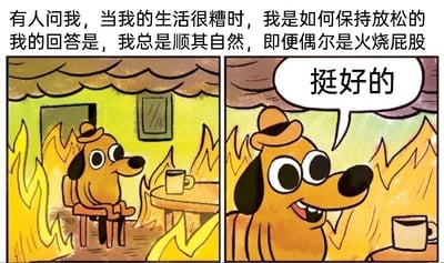 这是一幅由左右两格构成的连环卡通漫画，上方配有说明性文字，整体用夸张的反差感传递自嘲式的生活态度。左格画面中，戴着小帽子的棕色卡通狗狗坐在已经燃起火焰的房间里，地面、桌椅周边都被火焰包围，桌上还放着一杯饮品，狗狗却神态平静地安坐椅上；右格是狗狗的特写镜头，它咧嘴露齿，神态轻松地对着镜头说出对白“挺好的”，背景的火焰仍在燃烧。上方配文“有人问我，当我的生活很糟时，我是如何保持放松的 我的回答是，我总是顺其自然，即便偶尔是火烧屁股”，用“火烧屁股”这个具象化的极端糟糕场景，来比喻生活中遇到的绝境，通过狗狗在火场中依旧淡定乐观的反应，幽默地诠释了在困境中选择摆烂、顺其自然的心态，是当代年轻人面对生活压力时自嘲式的情绪表达，容易引发同样被压力困扰的群体的共鸣。