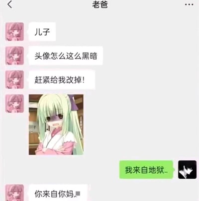 这是一张微信聊天记录截图，对话发生在老爸和儿子之间：老爸看到儿子使用的黑暗风格头像，连续发消息吐槽“头像怎么这么黑暗”“赶紧给我改掉！”，还附带了一张动漫角色图表达不满；儿子玩梗回复“我来自地狱..”，老爸则用非常接地气的生活化话语怼回“你来自你妈”，整个对话充满家庭日常的搞笑反差感，用玩梗和硬核回复制造出轻松有趣的效果。