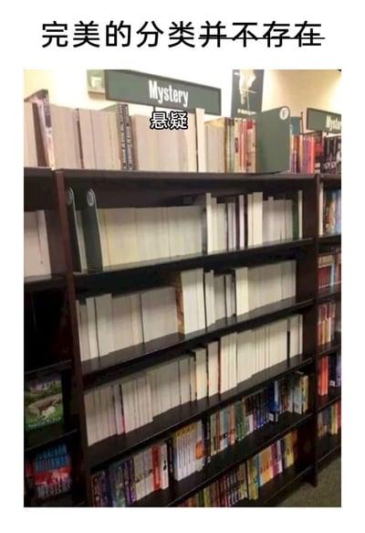 图片展示了图书馆中一个标有“Mystery”（英文“悬疑”）的书架，书架上整齐排列着各类书籍，上方有中文文字“完美的分类并不存在”，书架旁的“Mystery”标识下方被加注了中文“悬疑”标签。整体通过图书馆书籍分类场景，以幽默的方式暗示现实中分类系统难以做到绝对完美，存在模糊地带或不合理之处。
