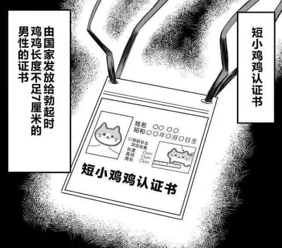 这是一张以虚构官方证书为载体的搞笑梗图，画面中心是一个挂绳式的“短小鸡鸡认证书”，证书上印有卡通猫咪头像，姓名、出生日期栏位为空白占位符，在生理状态测量栏中，勃起状态下的长度、直径、周长均被夸张地标注为0cm。画面左右两侧的文字框分别对这张证书进行解释：左侧说明这是“由国家发放给勃起时鸡鸡长度不足7厘米的男性的证书”，右侧直接标注“短小鸡鸡认证书”。整张图通过正式证书的严肃形式和极度夸张荒诞的内容形成强烈反差，以此制造搞笑戏谑的效果，没有双关、谐音梗等内容。