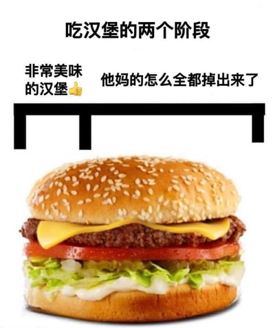 这是一张面向生活场景的搞笑吐槽梗图，顶部用加粗黑色字体点明主题为“吃汉堡的两个阶段”，主题下方左侧标注第一阶段的心态：“非常美味的汉堡”并搭配黄色点赞手势表情，右侧标注第二阶段的崩溃心态：“他妈的怎么全都掉出来了”，文字下方用黑色简笔画绘制了类似桌沿的图形，示意此时汉堡还平稳放在桌面上的状态，图形下方是一份馅料饱满的芝士牛肉汉堡实物图，包含芝麻面包、肉饼、芝士片、番茄、生菜、酱料多层食材，整体内容精准吐槽了大众吃汉堡时经常遇到的“刚拿到觉得很美味，一咬就馅料全散掉”的普遍尴尬场景，很容易引发受众共鸣。