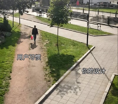 图片呈现了一处户外公共区域的场景：画面右侧是经过规划设计、由砖石铺设而成的规整步道，被标注为“你的设计”；画面左侧是行人为了走捷径，直接穿过草坪踩出来的土路，被标注为“用户习惯”，一名手提红色袋子的行人正沿着这条土路行走。这一画面形成了鲜明的反差，直观地展现出当设计不符合用户真实的行走需求时，用户会选择更贴合自身需求的捷径，以此传递出设计需要尊重用户真实习惯、贴合实际使用场景的理念。