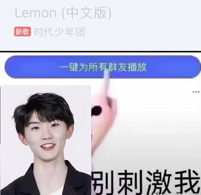 这是一张粉丝自制的拼贴整活梗图，上方截取了音乐播放界面，显示时代少年团的中文版《Lemon》，还有「一键为所有群友播放」的蓝色按钮，一只手指正指向这个按钮；左下角是时代少年团成员马嘉祺的笑脸肖像，右下角配文「别刺激我」。整体营造出一种被刺激后，就要在群里播放歌曲搞怪整蛊的戏谑氛围，常用于粉丝社群里玩梗，表达有点破罐子破摔的搞怪情绪。