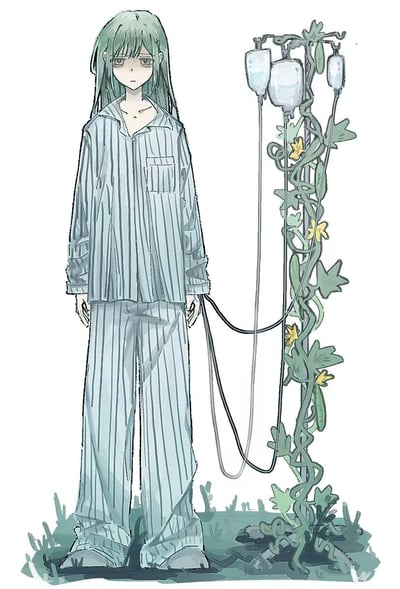 一幅动漫风格插画，描绘了一位绿发少女穿着蓝白条纹睡衣，面无表情地站立着。她的手臂连接着输液管，而输液架被设计成独特的藤蔓造型，上面缠绕着绿叶和黄色小花，三个输液袋如同果实般悬挂着。整个画面采用蓝绿色调，营造出一种忧郁而神秘的氛围，将医疗元素与自然元素巧妙结合。