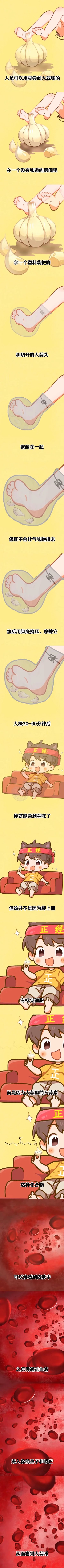 这是一组竖版连环科普漫画，以可爱的卡通形象展示了一个有趣的科学小实验：首先提出“人可以用脚尝到大蒜味”的新奇结论，接着逐步演示实验步骤：在无异味的房间里，将脚与切开的大蒜头用塑料袋密封，用脚底挤压摩擦大蒜，30-60分钟后就能尝到蒜味；最后揭秘原理，并非脚部有味觉细胞，而是大蒜中的大蒜素这种小分子化合物能穿透皮肤进入血液，再输送到鼻子和嘴巴，从而让人产生味觉体验。