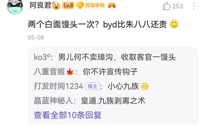 这是一段ACG类社区的帖子截图，用户“阿良君”发帖吐槽“两个白面馒头一次？byd比朱八八还贵”，其中“朱八八”是朱元璋的俗称，玩了价格吐槽结合历史人物的梗。评论区网友纷纷互动整活：有网友改编诗句玩低俗谐音梗“男儿何不卖璋沟，收取客官一馒头”，还有网友呼应历史梗，调侃“小心九族”“皇遁.九族剥离之术”，整体是网友在社区内玩低俗谐音梗+历史相关梗的搞笑互动。
谐音梗说明：“璋沟”是低俗谐音梗，谐音不雅词汇；“朱八八”指代朱元璋，用其名号来吐槽价格，评论区的“九族”梗则呼应了朱元璋时期严苛的刑罚设定，形成玩梗闭环。