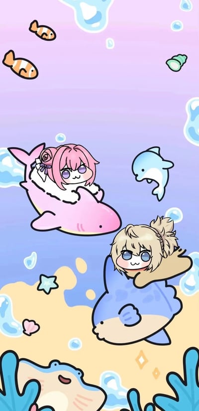 这是一幅以Doro为主题的二创插画，描绘了两个卡通角色在梦幻海底世界的场景。画面上方是渐变的粉紫色背景，点缀着透明气泡和几条小鱼；中间偏左位置，粉发角色Doro正骑在一只粉色鲨鱼背上，眼睛呈紫色，表情呆萌；右侧，金发角色则骑乘着一条蓝色的鱼，面带微笑，显得十分开心。海底底部有黄色的沙地、蓝色珊瑚、海星和一只笑脸鳐鱼，整体风格可爱治愈，充满童趣。