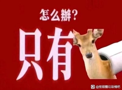 这是一张采用图文混排形式的P图改编趣味梗图，背景为纯红色。画面上方是白色文字“怎么瓣？”，是“怎么办？”的谐音写法；下方是大号白色文字“只有”，其中“有”的部分被替换成了一只从白色管道中探出头的鹿的图像，借助“鹿”与“路”的谐音，将原本的“只有”转化为“只鹿（路）”，整体传递出“怎么办？只有路（只能走当前这条途径，没有其他选择）”的无奈、别无选择的情绪，通过谐音梗和图像替换的结合，让严肃的情绪表达变得诙谐有趣。