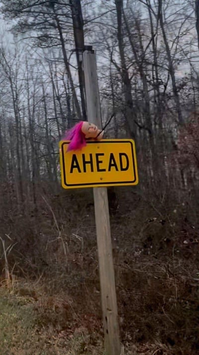 在郊外的林间小路旁，一块写着“AHEAD（前方）”的黄色路牌被人恶作剧，将一个带粉色假发的玩偶头放置在路牌后方，从正面视角看仿佛路牌上“长”出了一个人头。
这里玩了谐音双关：路牌上的“AHEAD”包含“HEAD（头）”的含义，和视觉上的玩偶头形成呼应，制造出荒诞搞笑的趣味效果。