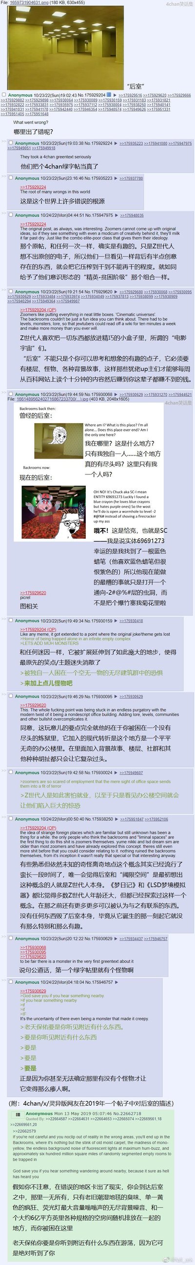 这是一张经过中文翻译的4chan论坛帖子截图，内容围绕网络怪谈IP「后室（Backrooms）」的演变展开讨论。网友们批判Z世代（Zoomers）缺乏原创创意，将原本作为开放式恐怖想象的后室点子，强行包装成有楼层、怪物、完整背景的"电影宇宙"式IP，被内容创作者用来快速变现；对比了早期后室那种"被困在无尽空荡办公楼的孤独恐惧"，和现在充满无厘头设定、过度体系化的变质内容，还调侃Z世代对就业的恐惧与后室场景的关联，最后附上了后室最初的绿字帖原文及中文翻译。