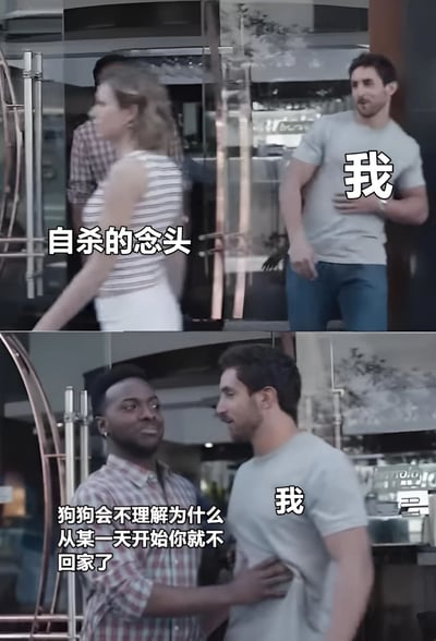 这是一张上下拼接的影视截图梗图，通过对比展现了一个人从有自杀念头到被朋友用狗狗的感受说服的过程。上图中，一名穿灰色T恤的男子（标注为"我"）看着一名女子走开，旁边文字写着"自杀的念头"；下图中，另一名穿格子衬衫的男子正在安慰他，旁边文字写着"狗狗会不理解为什么从某一天开始你就不回家了"。