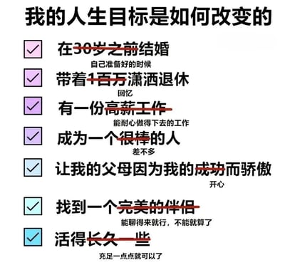 这是一张展示人生目标随时间变化的梗图，通过对比最初的远大理想和后来更现实的期望，幽默地展现了人们心态的转变。图中每个原始目标都被红色横线划掉，下方是更朴素的愿望，反映了从追求成就到注重内心满足的转变过程。