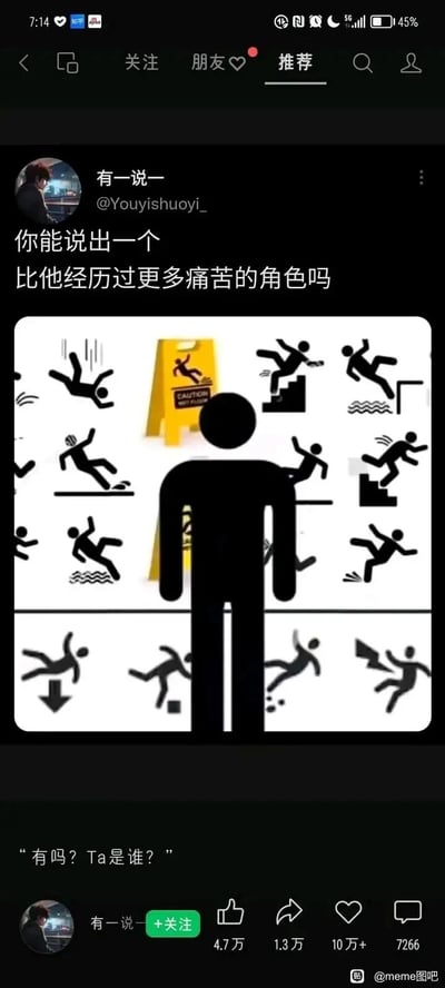 这是一张微博类社交平台的截图，博主“有一说一”（@Youyishuoyi_）发布了这个玩梗内容。图中核心是公共场合安全警示标识里的黑色小人，周围集合了这个小人所有可能出现的摔倒场景：踩水滑倒、踩台阶摔倒、被“小心地滑”警示牌绊倒、从高处跌落、踩在异物上摔倒等十多种意外摔倒的画面，配文“你能说出一个比他经历过更多痛苦的角色吗”，下方还有引导讨论的文字“有吗？Ta是谁？”，利用这个小人总是出现在各种危险摔倒警示场景的特点，玩梗式地调侃这个角色“经历的痛苦最多”，以此引发网友的趣味讨论。