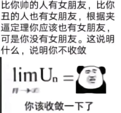 这是一张图文混排的静态梗图，属于P图改编的表情素材图。图中上方是一段玩梗文字，借用高等数学中的夹逼定理概念，调侃单身人群：“比你帅的人有女朋友，比你丑的人也有女朋友，根据夹逼定理你应该也有女朋友，可是你没有女朋友。这说明什么，说明你不收敛”；下方配有数学中表示数列收敛的极限符号“lim(n→∞)Uₙ=”，右侧搭配一个面露嫌弃、无奈表情的熊猫头表情包，下方配文“你该收敛一下了”。该图利用“收敛”一词的双关含义，既指数学中数列收敛的概念，又指日常语境中“收敛行为、安分一点”的意思，将数学知识与单身调侃结合，制造出幽默搞笑的效果，常用于聊天中调侃朋友的单身状态或自我调侃。