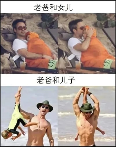 这是一张对比父亲与不同性别子女互动方式的四格拼贴图。上半部分标题为“老爸和女儿”，展示一位戴墨镜的男子在沙滩椅上温柔地抱着裹在橙色毯子里的婴儿，第二张图中他亲吻孩子的额头，画面温馨宁静。下半部分标题为“老爸和儿子”，展示一位戴帽子的赤裸上身男子在海滩上把男孩倒提起来玩耍，第二张图中他将孩子高高举起，画面充满活力与动感。通过对比展现了父亲对待女儿时的温柔呵护与对待儿子时的活泼互动之间的差异。