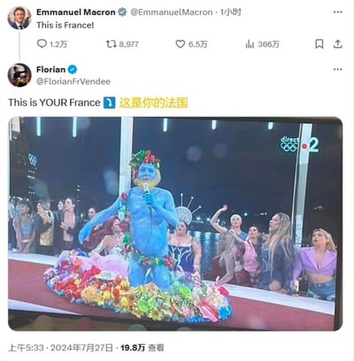 2024年巴黎奥运会开幕式后，法国总统马克龙在X平台（原推特）发布推文“This is France!”，表达对开幕式的认可。网友Florian则发布了开幕式中一段争议性的表演画面——一位全身涂蓝、装扮成海洋生物形象的表演者在舞台上拿着话筒表演，周围是其他风格夸张的表演者，配文“This is YOUR France 👉 这是你的法国”，以此讽刺该表演不符合自己心中的法国形象，和马克龙的观点形成鲜明反差，表达对开幕式该环节的不满。