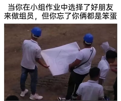图片上方配有文字“当你在小组作业中选择了好朋友来做组员，但是你忘了你俩都是笨蛋”，下方是一张实拍照片：两名戴着蓝色安全帽、穿着白色短袖的男子正共同举着一张白色的图纸（疑似工程蓝图），周围还有其他穿着类似服装的人，整体场景像是在户外工地或施工现场。图片通过文字与场景的结合，幽默地表达了在小组作业中选择好友组队却发现双方都不擅长完成任务的无奈与自嘲情绪。