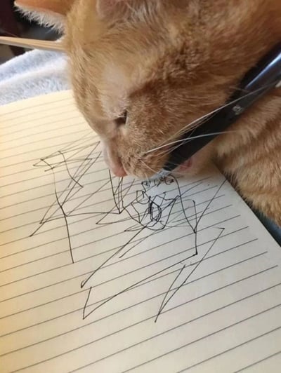 这是一张真实拍摄的趣味宠物照片，一只橘色猫咪叼着黑色的笔，将脸贴在带横线的笔记本上，笔记本上留下了猫咪带着笔蹭出来的杂乱黑色线条，看起来像是一幅抽象的涂鸦作品。猫咪眼睛半睁，神态放松慵懒，仿佛正专注于自己的“创作”，画面充满了生活化的趣味感，营造出猫咪化身抽象派画家的搞笑氛围。
