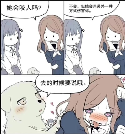这是一则三格原创卡通连环漫画：第一格中灰发女生向棕发女生询问地上的小狗是否会咬人；第二格棕发女生回应“不会，但她会用另外一种方式伤害你”，制造悬念；第三格剧情反转，小狗变成体型较大的狗狗，满脸红晕地抓着棕发女生的肩膀，说着“去的时候要说哦”，棕发女生则脸红心跳、眼冒爱心，一副被狗狗的亲昵攻势“攻陷”的害羞模样。漫画通过反转剧情制造笑点，所谓的“另一种伤害”其实是狗狗的可爱亲昵让女生心动害羞，属于反差搞笑的内容。