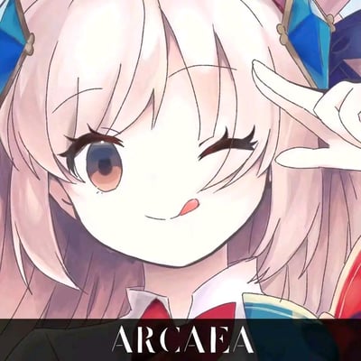这是一张音游《Arcaea》的同人插画，画面主体是浅粉色短发的二次元少女Sora，她单眼wink，对着镜头吐出小舌头，同时比出V字手势，表情俏皮搞怪又可爱。画面底部标注有白色的“ARCAEA”游戏名称，整体画风软萌治愈，非常适合用作社交账号头像。