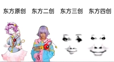 图片通过四组内容横向对比展示东方Project从原创到四创的演变过程：最左侧为东方原创的动漫风格角色，紫色短发搭配粉色发饰，身着蓝色为主、带有红色和黄色装饰的传统巫女风服装；左侧第二个为东方二创的真人cosplay形象，同样为紫色短发，穿着色彩更鲜艳的拼色服装，手持红色球形道具；右侧第二个（东方三创）是简化的黑白面部简笔画，仅用粗线条勾勒出眼睛和嘴巴；最右侧（东方四创）是更为抽象的面部线条画，五官轮廓进一步模糊简化。上方对应文字分别标注'东方原创'、'东方二创'、'东方三创'、'东方四创'，以幽默夸张的方式调侃随着创作层级增加，角色形象逐渐简化失真的现象。