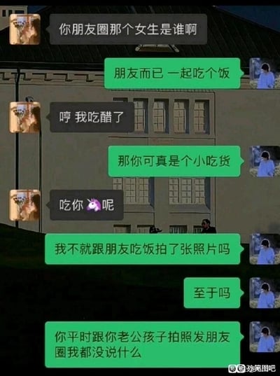 这是一张合成的聊天记录截图，背景为动画场景，对话内容充满反差笑点。棕色头像用户先询问绿色头像用户朋友圈里的女生是谁，随后说出“哼 我吃醋了”“吃你🦄呢”的暧昧话语，绿色头像用户起初误以为对方是因为吃饭的事吃醋，吐槽对方小题大做，最后直接戳破关键——“你平时跟你老公孩子拍照发朋友圈我都没说什么”，瞬间让之前的暧昧氛围变成尴尬的社死现场，揭露了对方在已有家庭的情况下还进行暧昧发言的边界感缺失行为，制造出强烈的喜剧效果。