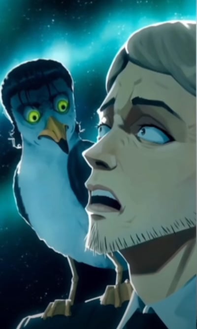这是一张二次创作的合成梗图，将《JOJO的奇妙冒险：不灭钻石》里的东方仗助的头部特征（标志性发型、黄绿大眼）与鸽子身体结合，放置在《进击的巨人》中艾尔文·史密斯团长的惊恐脸部特写旁，背景是带有星光的蓝绿色光晕。两个形象都呈现出极度惊恐的神情，画面充满荒诞搞笑的反差感，属于二次元角色的恶搞创作。
