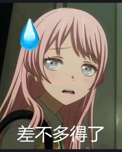 这是一张改编自动画《BanG Dream! It's MyGO!!!!!》的表情包，图中角色为千早爱音，原作中她面露错愕、略带无语的表情被网友添加了一滴汗珠特效，再配上下方的文字“差不多得了”，精准传达出对过度行为或言论的无奈、想叫停对方的情绪，适合用来吐槽他人的重复、过度举动。
