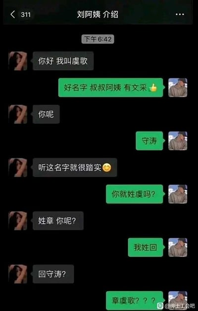 这是一张由刘阿姨介绍的相亲对象的微信聊天记录截图，对话全程围绕名字展开：女方率先介绍自己叫虞歌，男方夸赞其名字有文采；随后男方告知自己叫守涛，女方评价名字踏实。之后两人确认姓氏，女方表示自己姓章，男方称自己姓回，此时女方误以为男方全名是回守涛，男方也反应过来女方全名是章虞歌，原来双方最初都只说了名字未提及姓氏，由此制造出了这个充满趣味的乌龙，对话充满搞笑的反差感，让人忍俊不禁。