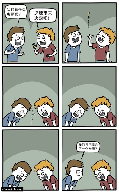 这是一组六格连环卡通漫画，讲述了一个搞笑的日常乌龙事件。第一格中，蓝衣服的卡通人物兴奋地询问同伴要看什么电影，红衣服的卡通人物则提议用掷硬币的方式做决定；第二格中红衣服人物将硬币高高抛起，两人都仰头兴奋地看着硬币；第三到第五格中，两人低头注视着下落的硬币，开心地大笑起来，专注地看着硬币的动向；第六格中，蓝衣服的人物突然反应过来，一脸疑惑地转头问同伴“我们是不是忘了一个步骤？”——原来他们从头到尾都没有提前约定硬币的正反面分别对应哪部电影，这场掷硬币的行为完全起不到决策的作用，构成了故事的搞笑点。
