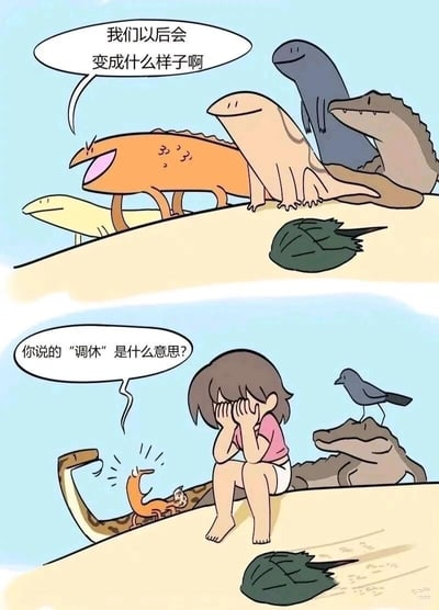 这是一幅上下分栏的连环卡通漫画，用生物演化的反差感来讽刺当代社畜的调休痛点：上栏展示了多种史前远古生物（包括类似早期脊椎动物、海蝎、鲎、早期爬行类等）聚集在一处，其中一只橙色生物满脸好奇地发问“我们以后会变成什么样子啊”，充满对未来的憧憬；下栏则呈现演化后的现代场景，远古生物分别演变成了鳄鱼、鸟类、小型爬行类、蛇等现代动物，当初的橙色生物变成了迷你形态，它趴在蛇身上，疑惑地问出“你说的‘调休’是什么意思？”，而画面中心的人类小孩双手捂脸、崩溃蹲坐在鳄鱼身上，显然正被“调休”问题折磨得烦躁不已。漫画用跨越亿万年的演化反差，将史前生物的未来好奇，落脚到当代打工人被调休困扰的无奈现状，用荒诞的对比精准戳中职场人的情绪痛点。