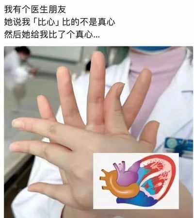 图片上方文字描述：‘我有个医生朋友 她说我「比心」比的不是真心 然后她给我比了个真心...’，下方是一位穿着白大褂的人伸出手掌，五指张开做出类似心脏解剖结构的手势，右下角配有彩色心脏解剖示意图。图片通过双关语制造笑点，将网络流行的‘比心’手势与医学上的心脏解剖结构联系起来，医生朋友用专业的‘心脏手势’回应‘真心’。